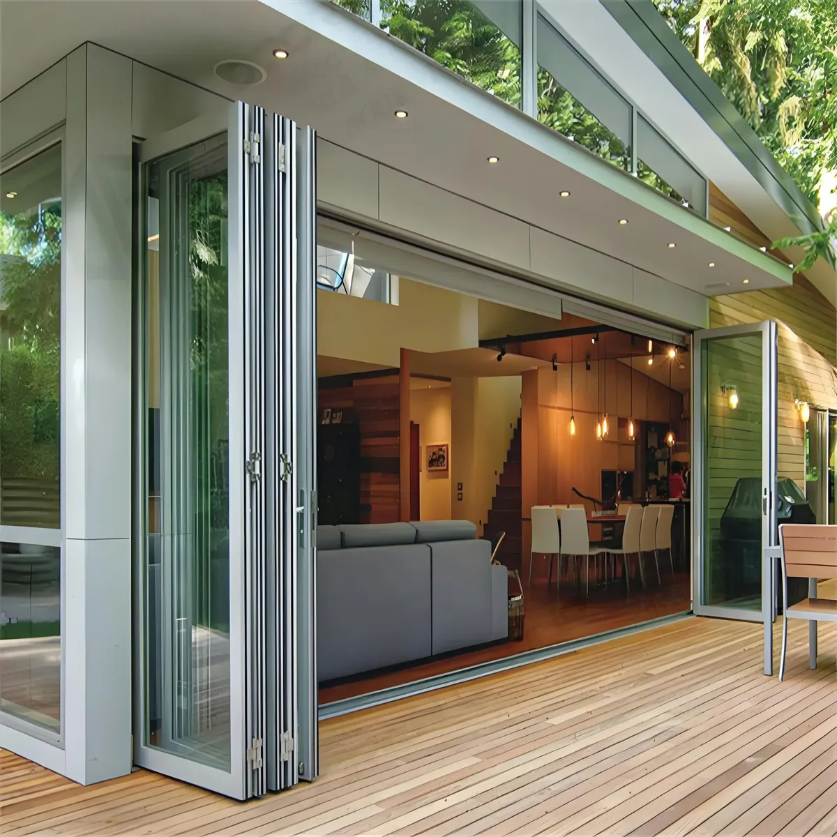 Aluminium bifold doors folded open onto a garden deck with the living room beyond